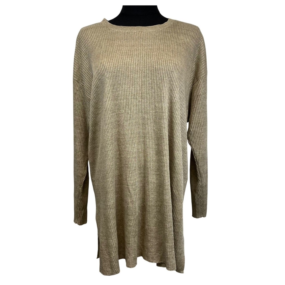 Eileen Fisher Linen Ribbed Sweater Tunic Top Sz L‎ Sustainable Lagenlook Staple